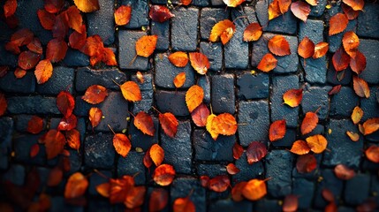 Cobblestone ground scattered with fallen orange autumn leaves, overhead angle