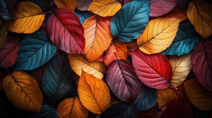 Fototapeta premium Colorful autumn leaves in a variety of colors, filling the frame with organic textures