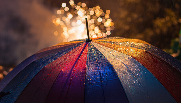 Colorful umbrella with water droplets in front of bokeh lights