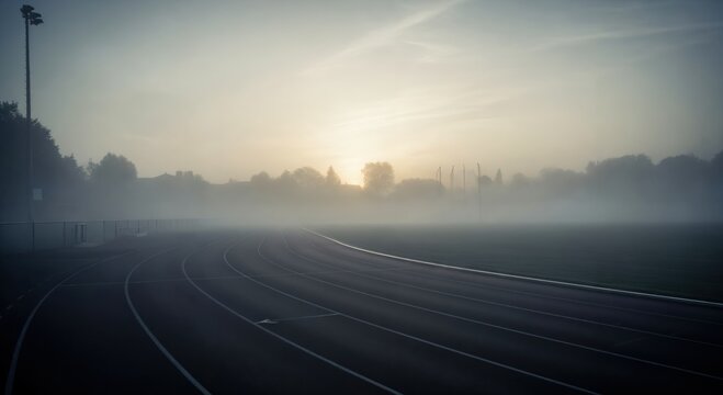 Misty Sunrise Over a Track Field: A Serene Morning Scene Captured in Fog with Silhouettes of Trees and Gentle Curves of the Running Path