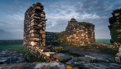 Ancient stone ruins stand against a cloudy sky at dawn.
