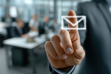 Businessman holding a virtual email icon in his hand in a modern office setting