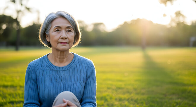 An elegant senior woman with a peaceful and reflective expression is shown relaxing outdoors with the blurred greens and golden glow of the late afternoon adding a touch of serenity to the image