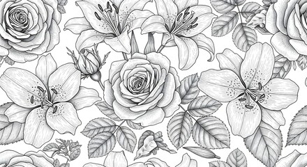 Floral pattern seamless vector background with roses and lilies for textile and wallpaper design