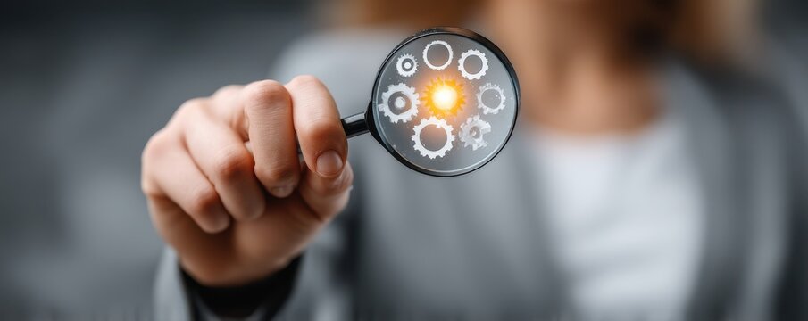 Businesswoman in suit holds a magnifying glass with glowing gears signaling innovation and problem solving