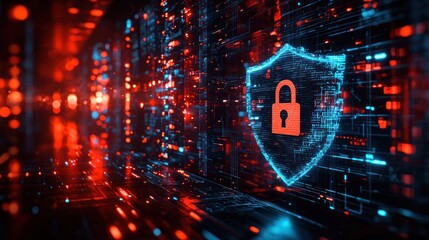 Digital shield, red padlock. Abstract tech tunnel backdrop, red & blue lights