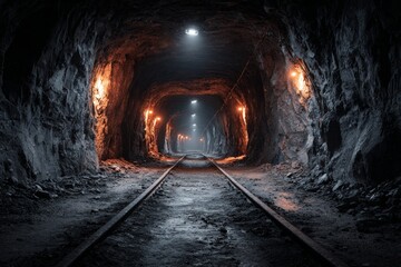 Naklejka premium Mine tunnel showing railway tracks gradually disappearing into a dimly lit distance