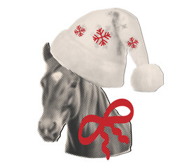 Horse head with santa's hat in retro dotted halftone style,cut out element from paper