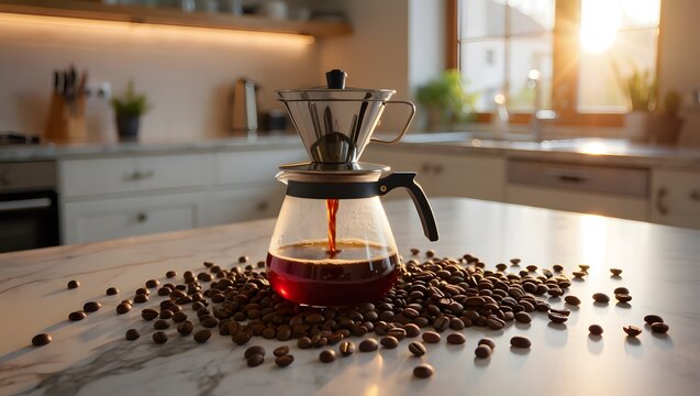 Pour-Over Coffee Brewing with Beans in Sunny Modern Kitchen