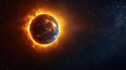 Fiery aura engulfs a textured planet against starry backdrop