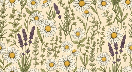 Vintage floral pattern with daisies and lavender flowers seamless botanical illustration design art