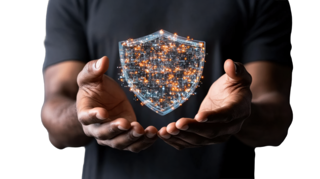 Holographic Shield in Hands on Transparent Background - Powered by Adobe