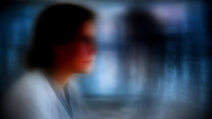 A woman in a lab coat is intently reviewing medical images in a dimly lit room, focusing on the intricate details of the scans. The setting emphasizes her determination and the imp