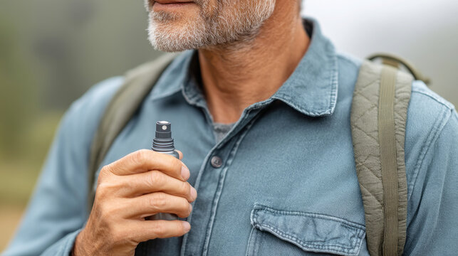 Outdoor protection concept: hiker applying mosquito repellent spray for safe trekking adventure