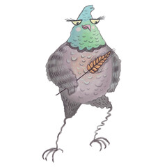 A funny, stylized illustration of a confident and slightly grumpy urban pigeon  with a bold, streetwise expression. The pigeon is holding a single stalk of wheat 