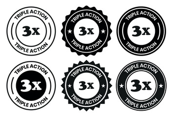 Triple Action - vector label for packaging label design. Triple Action sign, logo, badge, icon, sticker, label, emblem, stamp, symbol, black, line, flat vector, isolated illustration. 