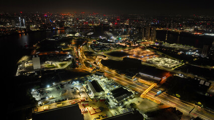 Obraz premium Aerial drone photo of iconic skyscraper complex and business area of Canary Wharf, Docklands, London, United Kingdom