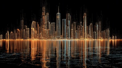 Digital cityscape reflected on water.  Abstract city skyline rendered with glowing lines and particles,  mirrored on a dark water surface