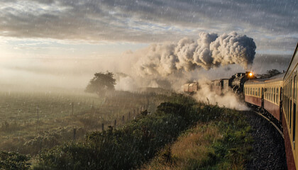 Steam train travels through misty countryside in the rain.