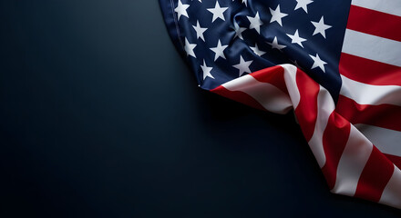 A patriotic representation shows a meticulously draped American flag cascading across a sleek, deep navy backdrop in a display of national pride, creating an emblem of unity and cultural identity