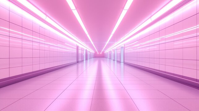 Futuristic corridor with tiled walls illuminated by neon pink lights in perspective