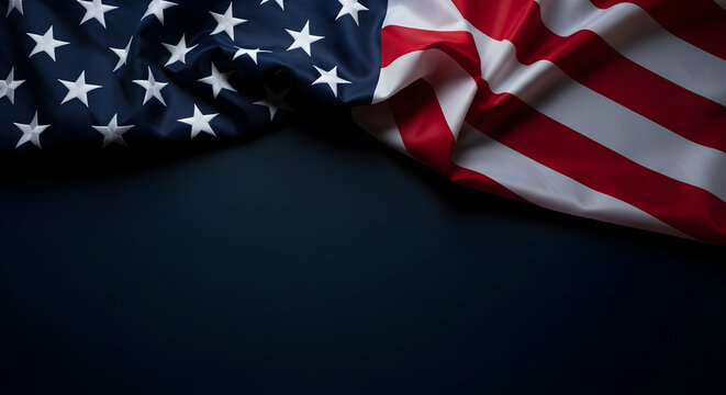 An overhead view captures the majestic red white and blue folds of the American flag gently draped on a dark surface creating a powerful visual that conveys patriotism freedom and a sense of