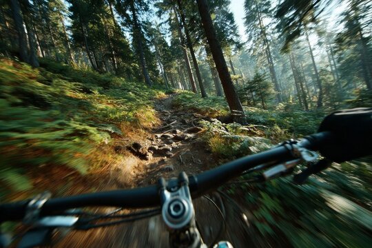Cyclist point of view riding a mountain bike on a challenging uphill forest track