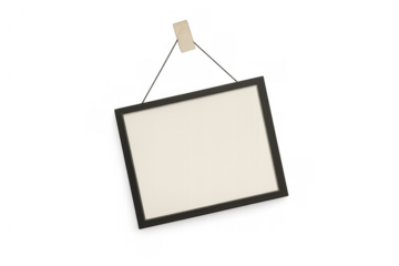 Blank horizontal picture frame hanging with string and tape, empty space for content, transparent background mockup template