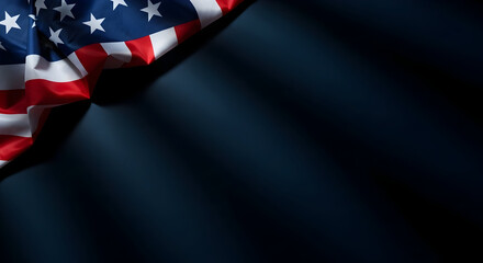 Patriotic display featuring the american flag draped elegantly in the corner of a dark blue backdrop creating a sense of somber reverence ideal to symbolize memorial events or national holiday