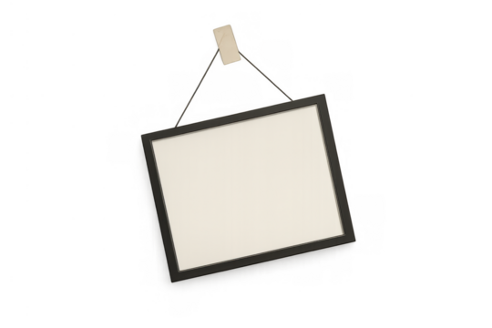 Blank horizontal picture frame hanging with string and tape, empty space for content, transparent background mockup template