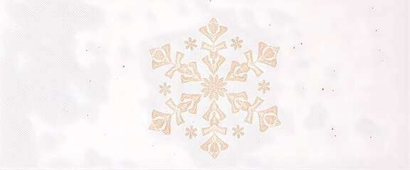 Fototapeta premium Matte blush canvas with delicate embossed snowflake clusters forming a soft circular pattern, floating rose-gold foil flecks, romantic holiday elegance.