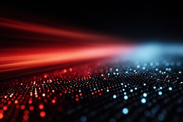 Abstract light trails and glowing dots create a futuristic red and blue digital landscape