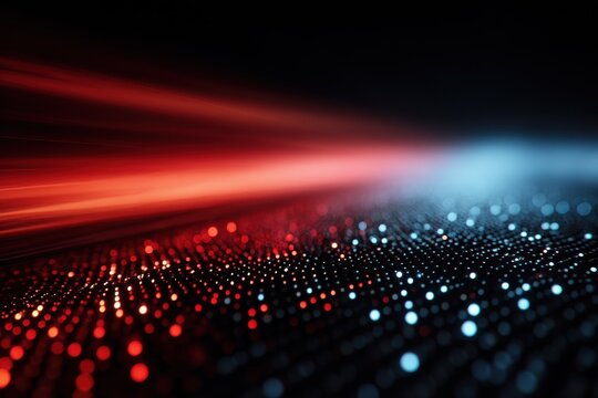 Abstract light trails and glowing dots create a futuristic red and blue digital landscape