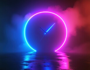 Automated home routine concept. Neon clock surrounded by vibrant colors and reflections on water.