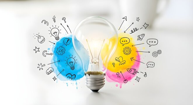 Bombilla creativa repleta de ideas coloridas y conceptos empresariales que simbolizan la innovaci&oacute;n y la inspiraci&oacute;n.