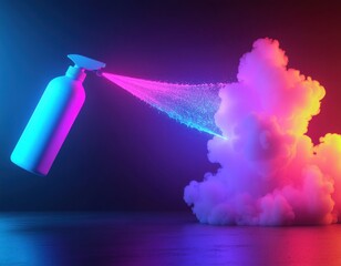 Automated home routine concept. Colorful spray bottle emitting vibrant clouds of mist.