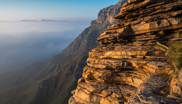 Rocky cliff edge overlooking misty mountains at sunrise. - Powered by Adobe