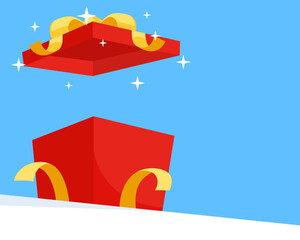 Red mystery gift box on blue background. Open the reward with copy space. Random a secret loot box concept. Vector illustration cartoon flat design.
