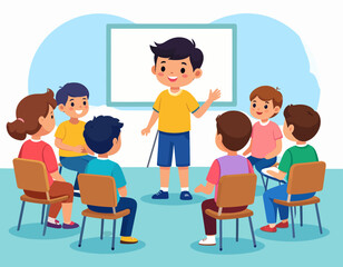 Cartoon illustration of a young boy presenting in front of a whiteboard, surrounded by a group of seated children listening attentively.