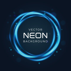 Abstract blue neon light circle swirls with particles on dark background