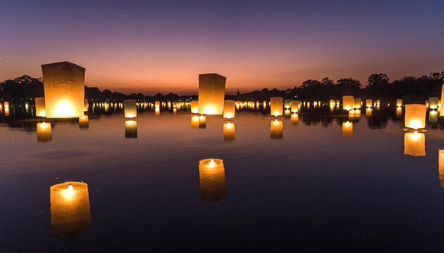 Floating lanterns illuminate a lake at dusk with a colorful sky.