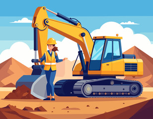 A female construction worker in a hard hat stands beside a large yellow excavator on a construction site with a blue sky and desert hills in the background. © Deva