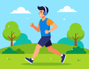 A young man is jogging in a park while listening to music with headphones on a sunny day.