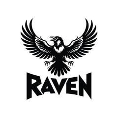 Black raven bird with wings spread and raven text logo