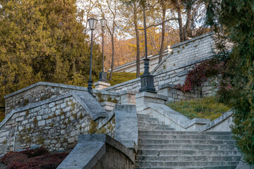 An old staircase in a park covered with yellow maple leaves. Autumn concept.