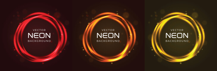 Three vibrant glowing neon oval frames in red orange and yellow against a dark background