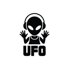 Alien dj wearing headphones with ufo text