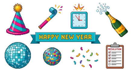 Collection of new years eve party elements including a disco ball, party hat, and champagne bottle, isolated on a transparent background