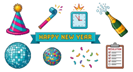 Collection of new years eve party elements including a disco ball, party hat, and champagne bottle, isolated on a transparent background