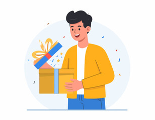 A young man smiles as he opens a gold gift box with a blue ribbon and yellow bow, confetti floating around him.